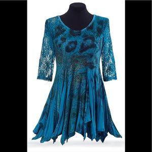 Peacock and Lace Tunic by The Pyramid Collection. Multicolor Studs Blue Pleated